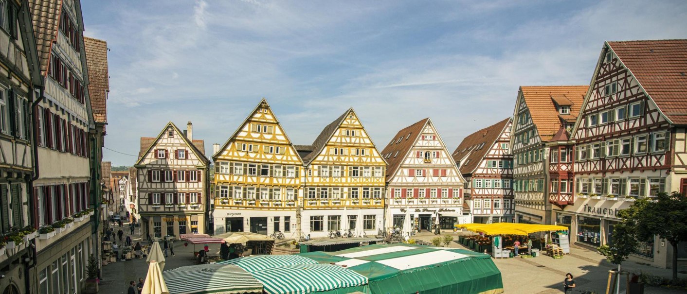 A view of the market square in Herrenberg, with picturesque half-timbered houses and colorful market stalls under a blue sky., © SMG Stuttgart Marketing GmbH - Sarah Schmid A view of the market square in Herrenberg, with picturesque half-timbered houses and colorful market stalls under a blue sky., © SMG Stuttgart Marketing GmbH - Sarah Schmid