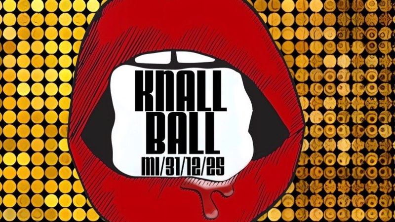 Poster f&uuml;r den 'Knall Ball' am 31.12.25 mit roten Lippen und goldenen Punkten. Namen von DJs und Veranstaltungsdetails sind aufgef&uuml;hrt., &copy; CLUB ROMANTICA
