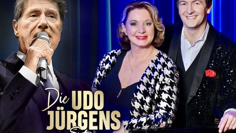 Collage with a singer at the microphone and two people in elegant clothes in front of a piano. Text: 'The Udo J&uuml;rgens Story'., &copy; C2 Concerts GmbH