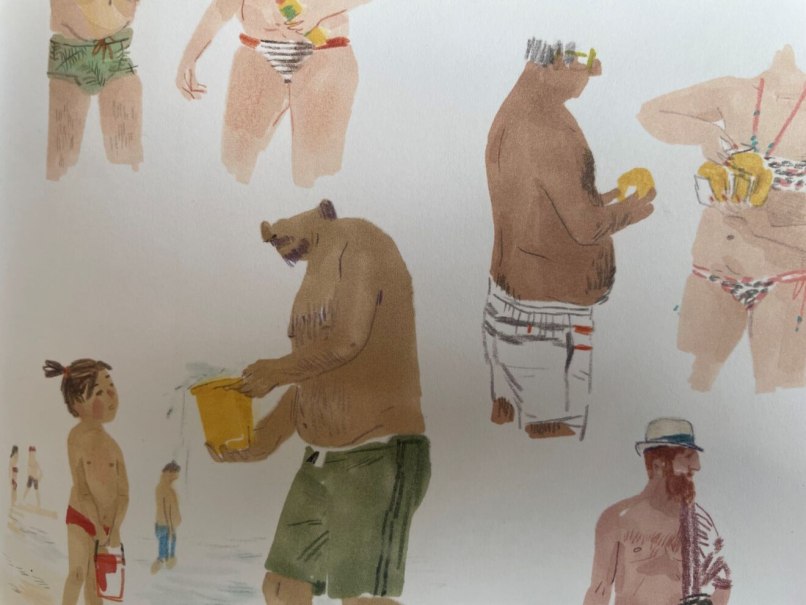 Illustration von Menschen in Badebekleidung am Strand. Ein Kind mit rotem Eimer, ein Mann mit gelbem Eimer und weitere Personen in Bademode., © Julia Wirsching Illustration von Menschen in Badebekleidung am Strand. Ein Kind mit rotem Eimer, ein Mann mit gelbem Eimer und weitere Personen in Bademode., © Julia Wirsching
