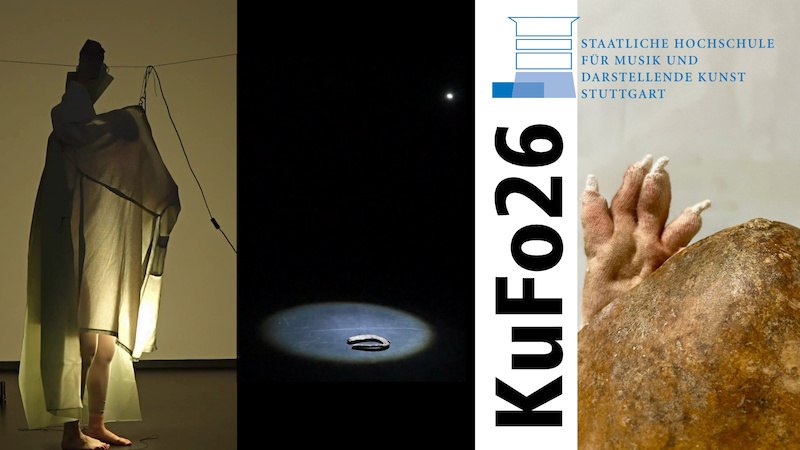 Collage mit einer Person hinter einem Tuch, einem beleuchteten Ring und einer Hand auf einem Stein. Logo der Staatlichen Hochschule für Musik und Darstellende Kunst Stuttgart., © FITZ Das Theater animierter Formen Collage mit einer Person hinter einem Tuch, einem beleuchteten Ring und einer Hand auf einem Stein. Logo der Staatlichen Hochschule für Musik und Darstellende Kunst Stuttgart., © FITZ Das Theater animierter Formen