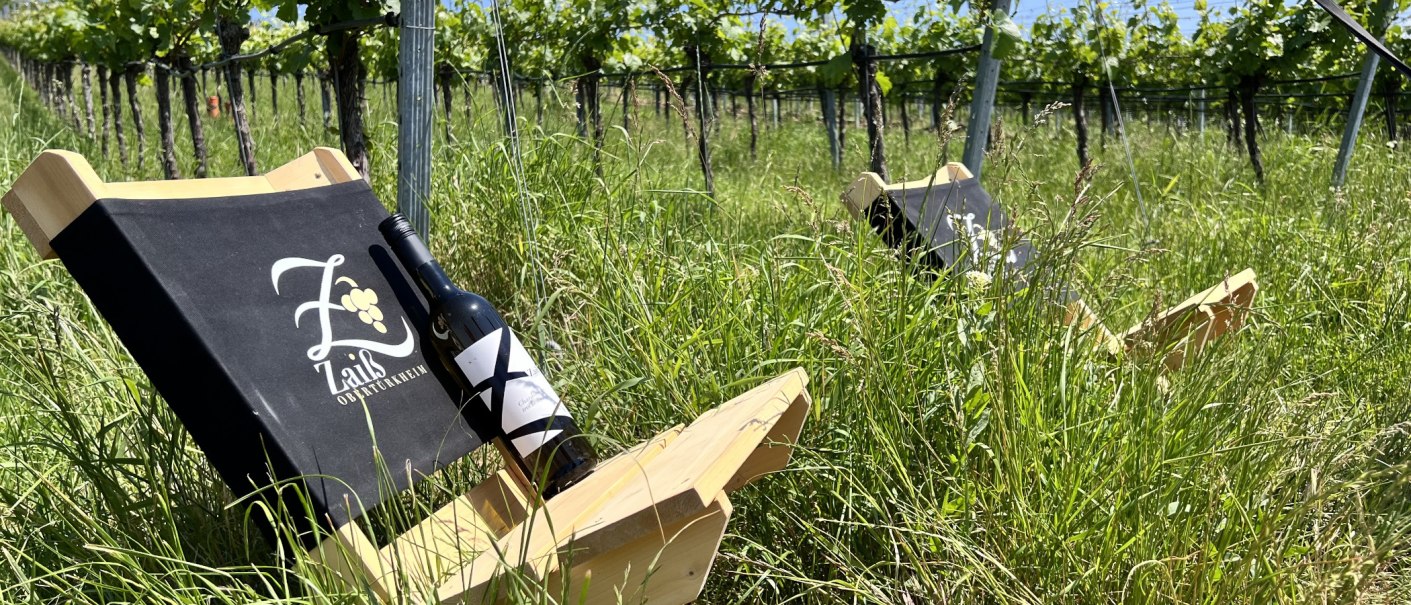 Two deckchairs in the tall grass of a vineyard, a bottle of wine on one of the chairs. Sunny day, green vines in the background., © Weingut Zaiß