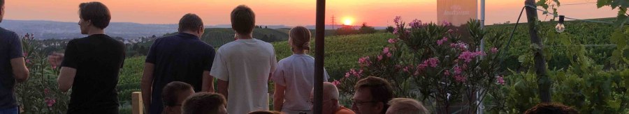 People sit under parasols in a vineyard and enjoy the sunset. Some stand and gaze into the distance., &copy; Weingut Diehl