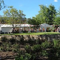 A garden with trees and people at a festival. Tents and a building can be seen in the background. The sky is blue and sunny., &copy; Weingut Klopfer