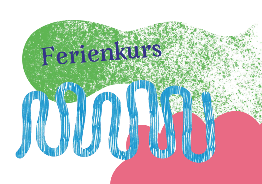 Bunte Grafik mit dem Wort 'Ferienkurs' in lila Schrift auf gr&uuml;nem Hintergrund, umgeben von blauen und rosa abstrakten Formen., &copy; Adolf H&ouml;lzel Stiftung