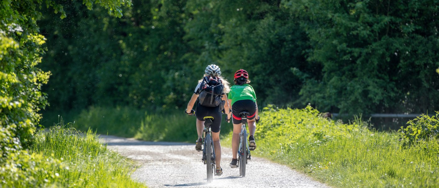 Two cyclists are riding along a sunny forest path. They are wearing helmets and backpacks, surrounded by lush greenery., © © Stuttgart-Marketing GmbH Two cyclists are riding along a sunny forest path. They are wearing helmets and backpacks, surrounded by lush greenery., © © Stuttgart-Marketing GmbH