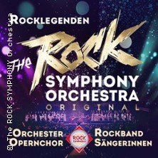 Poster für The Rock Symphony Orchestra mit Schriftzug und Bildern von Orchester, Rockband und Sängerinnen., © links im Bild