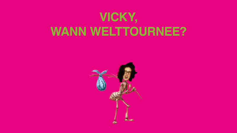 Eine Collage zeigt eine Ameise mit einem menschlichen Kopf und einem B&uuml;ndel auf einem pinken Hintergrund. Der Text fragt: Vicky, wann Welttournee?, &copy; links im Bild