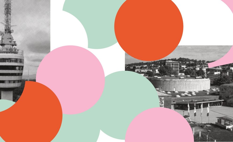 Collage mit schwarz-wei&szlig;en Fotos von Geb&auml;uden, &uuml;berlagert von bunten Kreisen in Rot, Gr&uuml;n und Rosa. Ein kreatives Spiel mit Formen und Farben., &copy; StadtPalais