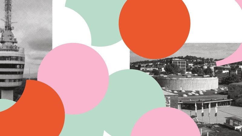 Collage with black and white photos of buildings, overlaid with colorful circles in red, green and pink. A creative play with shapes and colors., &copy; StadtPalais