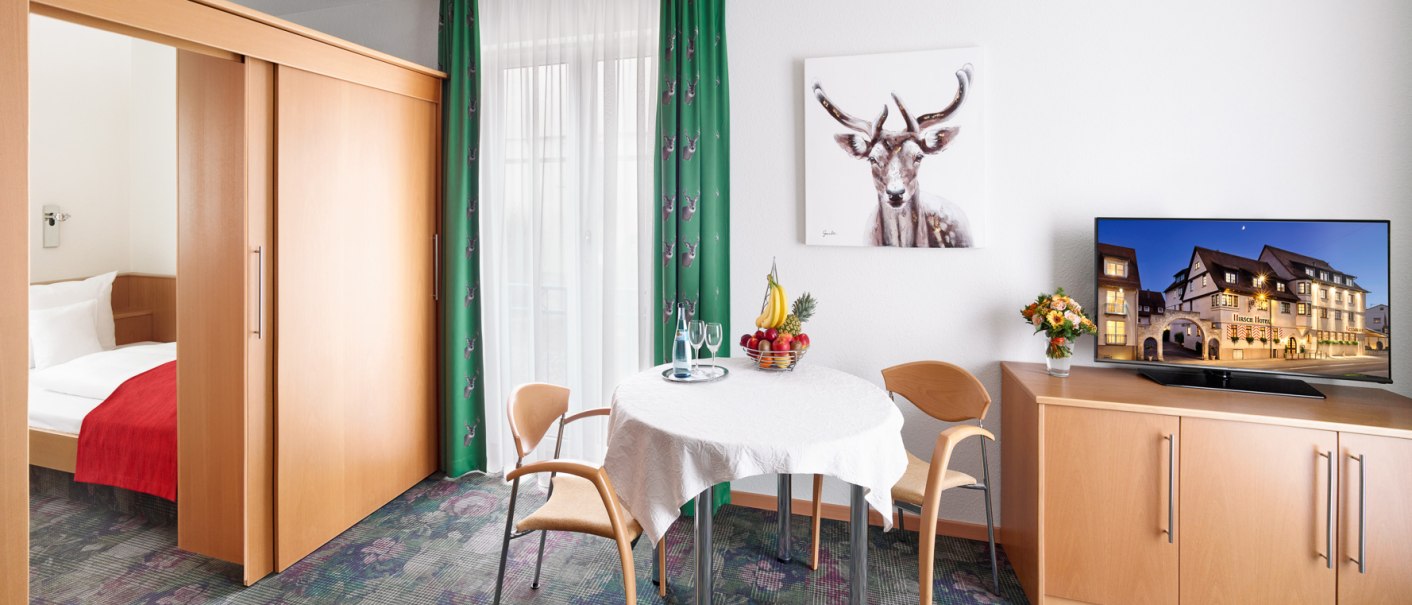 Helles Hotelzimmer mit Tisch, zwei Stühlen, TV, Bild eines Hirsches, grünen Vorhängen und einem Bett mit roter Decke im Hintergrund., © Hirsch Hotel