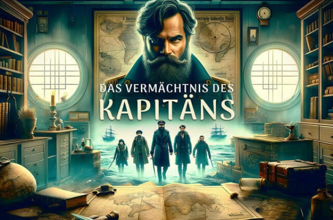 A captain with a beard stands in the center, surrounded by crew members. The room is full of maps and ship models, with the title 'The Captain's Legacy'., © TeamEscape Stuttgart A captain with a beard stands in the center, surrounded by crew members. The room is full of maps and ship models, with the title 'The Captain's Legacy'., © TeamEscape Stuttgart