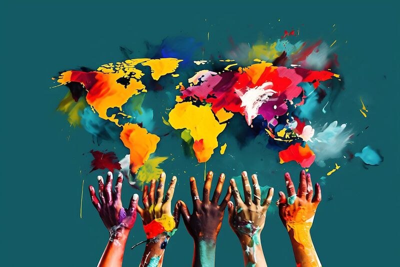Colorful hands reach out towards a colorful world map on a blue background. Vibrant colors symbolize diversity and unity., © Altes Schauspielhaus und Komödie im Marquardt e.V. Colorful hands reach out towards a colorful world map on a blue background. Vibrant colors symbolize diversity and unity., © Altes Schauspielhaus und Komödie im Marquardt e.V.