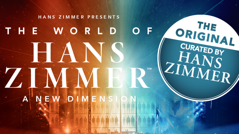 Plakat f&uuml;r 'The World of Hans Zimmer - A New Dimension', kuratiert von Hans Zimmer. Der Hintergrund ist in Blau und Orange gehalten., &copy; links im Bild