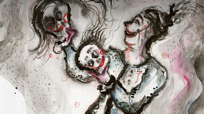 Eine expressive Illustration zeigt eine Person, die zwei clownartige Masken hält. Die Szene ist in dunklen Tönen mit roten Akzenten gehalten., © Württembergische Staatstheater Stuttgart Eine expressive Illustration zeigt eine Person, die zwei clownartige Masken hält. Die Szene ist in dunklen Tönen mit roten Akzenten gehalten., © Württembergische Staatstheater Stuttgart
