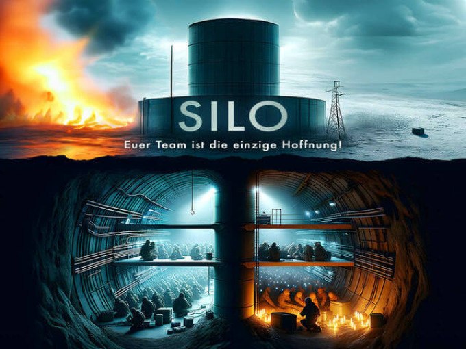 A silo in an apocalyptic landscape. Beneath it, people in underground levels. Text: "Your team is the only hope!", © TeamEscape Stuttgart A silo in an apocalyptic landscape. Beneath it, people in underground levels. Text: "Your team is the only hope!", © TeamEscape Stuttgart