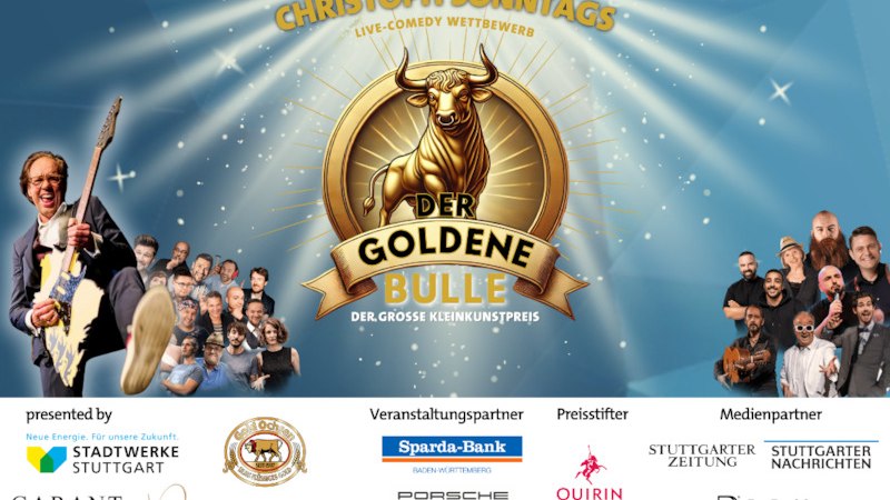 Plakat für 'Der Goldene Bulle 2025', ein Comedy-Wettbewerb mit Christoph Sonntag. Verschiedene Comedians und Sponsorenlogos sind abgebildet., © HOC Events Plakat für 'Der Goldene Bulle 2025', ein Comedy-Wettbewerb mit Christoph Sonntag. Verschiedene Comedians und Sponsorenlogos sind abgebildet., © HOC Events