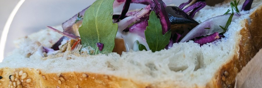 Close-up of a kebab with sesame bread, red cabbage, rocket and sauce. Fresh ingredients are visible., © SMG