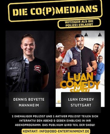 Advertising poster for the comedy show 'Die Co(p)medians' with Dennis Boyette from Mannheim and Luan Comedy from Stuttgart., &copy; Rosenau Kultur e.V.