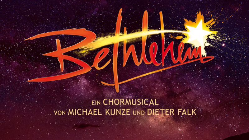 Logo of the choral musical 'Bethlehem' by Michael Kunze and Dieter Falk in front of a twinkling starry sky., © Stiftung Creative Kirche Logo of the choral musical 'Bethlehem' by Michael Kunze and Dieter Falk in front of a twinkling starry sky., © Stiftung Creative Kirche