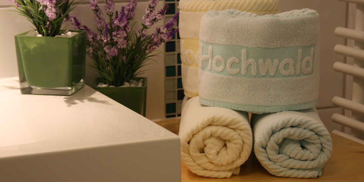 Bathroom with folded towels, one embroidered with 'Hochwald', and two green planters with purple flowers., &copy; Hotel Hochwald