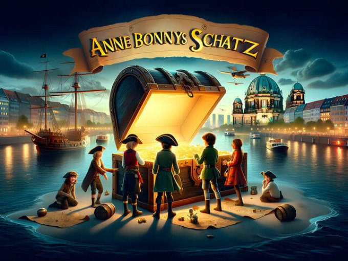 Kinder in Piratenkostümen stehen um eine leuchtende Schatztruhe auf einer kleinen Insel. Im Hintergrund sind Schiffe und eine Stadt zu sehen., © TeamEscape Stuttgart Kinder in Piratenkostümen stehen um eine leuchtende Schatztruhe auf einer kleinen Insel. Im Hintergrund sind Schiffe und eine Stadt zu sehen., © TeamEscape Stuttgart