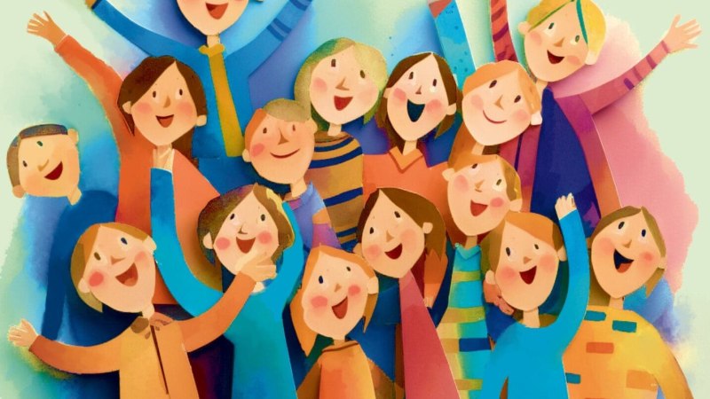 Bunte Illustration einer fröhlichen Gruppe von Menschen, die mit erhobenen Armen singen. Lebendige Farben und lächelnde Gesichter vermitteln Freude., © StadtPalais Bunte Illustration einer fröhlichen Gruppe von Menschen, die mit erhobenen Armen singen. Lebendige Farben und lächelnde Gesichter vermitteln Freude., © StadtPalais