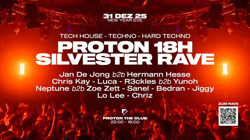Ein Poster f&uuml;r den 18-st&uuml;ndigen Silvester Rave im Proton Club mit DJs und Spezialeffekten wie Lasershow und CO2-Kanone am 31. Dezember., &copy; stuttartgraphics