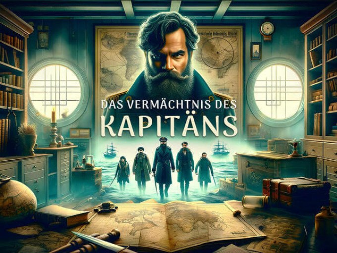 A captain with a beard stands in the center, surrounded by crew members. The room is full of maps and ship models, with the title 'The Captain's Legacy'., &copy; TeamEscape Stuttgart