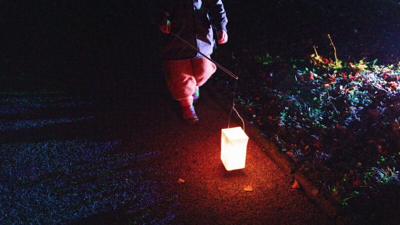 Ein Kind tr&auml;gt eine leuchtende Laterne bei Nacht. Der Weg ist dunkel, nur die Laterne und einige bunte Lichter auf dem Boden sind sichtbar., &copy; St&auml;dtisches Lapidarium