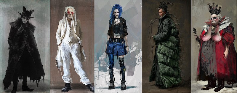 Fünf stilisierte Figuren in fantasievollen, modernen Kostümen, inspiriert von "Alice im Wunderland". Jede Figur hat einen einzigartigen, kreativen Look., © tri-bühne e.V. Fünf stilisierte Figuren in fantasievollen, modernen Kostümen, inspiriert von "Alice im Wunderland". Jede Figur hat einen einzigartigen, kreativen Look., © tri-bühne e.V.