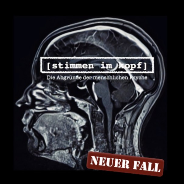 MRI image of a head with text 'Voices in the head' and 'New case'. Thematizes the abysses of the human psyche., &copy; Music Circus Concertb&uuml;ro GmbH &CoKG