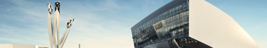 The Porsche Museum in Stuttgart with its futuristic architecture and a sculpture of three cars on tall pillars against a blue sky., &copy; Porsche AG