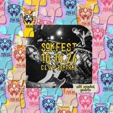 Colorful poster for the Sokfest on 10.10.26 at Club Zentral. In the background a black and white photo of musicians, surrounded by a colorful cat pattern., &copy; links im Bild