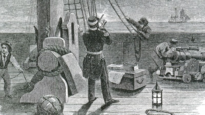 Seeleute auf einem Schiff bei der Arbeit mit nautischen Instrumenten. Ein Mann benutzt ein Sextant, w&auml;hrend andere mit Seilen und Kanonen besch&auml;ftigt sind., &copy; Huettermann