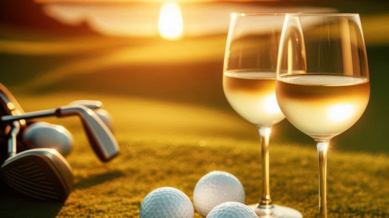 Two glasses of white wine and golf balls on a golf course at sunset. The warm evening sun bathes the scene in golden light., &copy; Collegium Wirtemberg