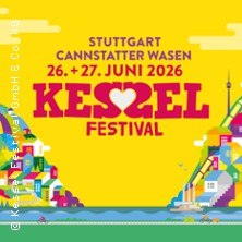 Bunte Grafik f&uuml;r das Kessel Festival 2026 in Stuttgart, Cannstatter Wasen, am 26. und 27. Juni. Lebendige Farben und stilisierte Geb&auml;ude., &copy; links im Bild