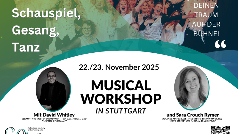Poster für Musical-Workshop in Stuttgart am 22./23. November 2025. Mit David Whitley und Sara Crouch Rymer. Themen: Schauspiel, Gesang, Tanz. Infos auf jas-education.de., © Junge Akademie Stuttgart GmbH