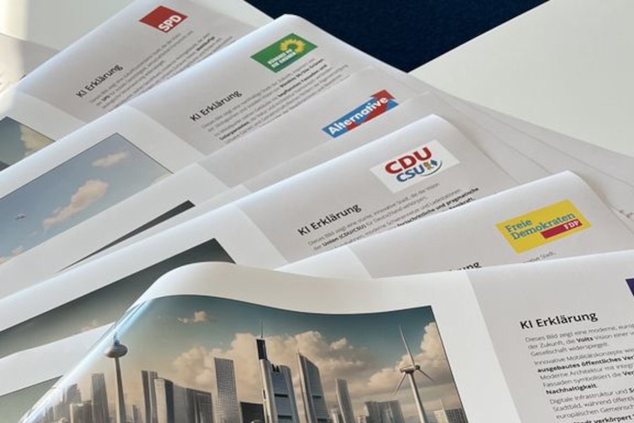 Parteizeitungen mit Logos von SPD, Gr&uuml;nen, AfD, CDU/CSU und FDP auf einem Tisch. Sie enthalten Texte und Bilder zur KI-Erkl&auml;rung., &copy; Foto: Landtagswahl.AI