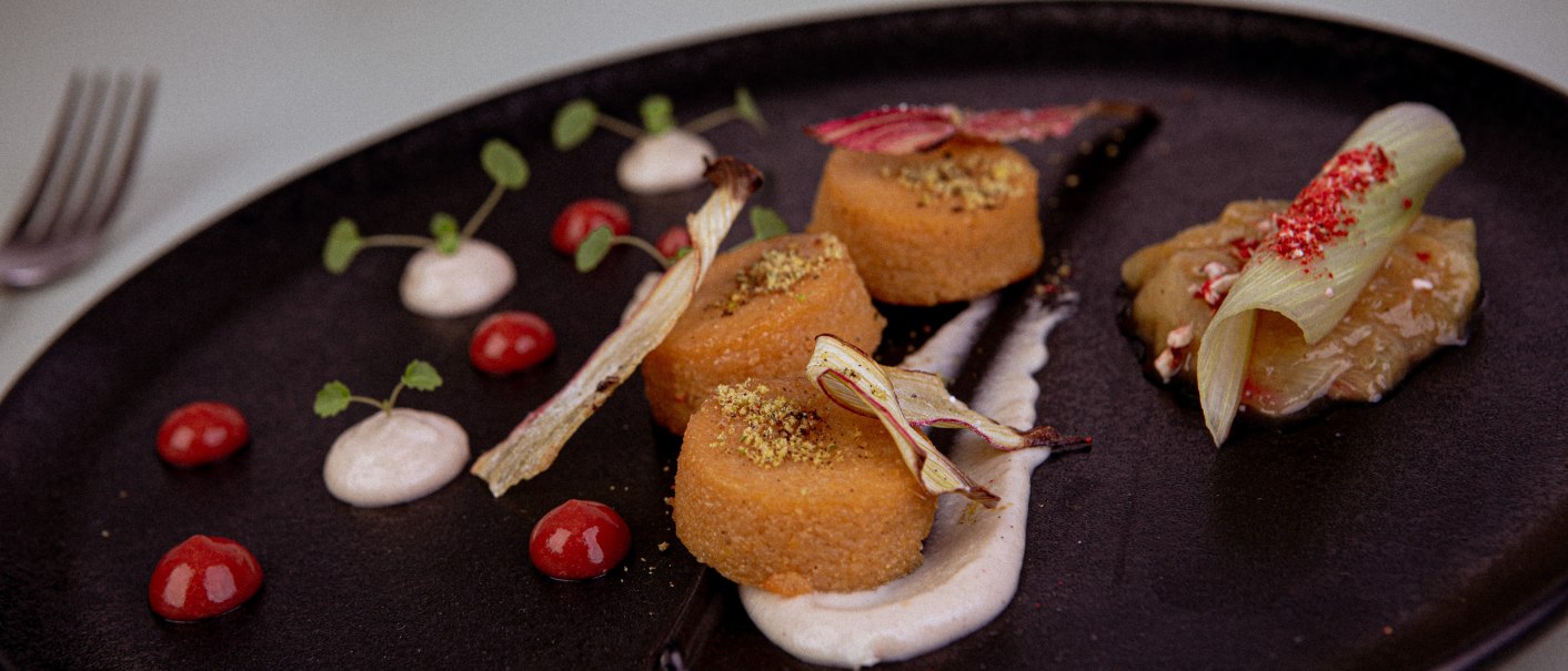 Gourmet dish on a black plate, decorated with sauces, herbs and vegetables. Elegant arrangement with different textures and colors., © Marc Luppa Gourmet dish on a black plate, decorated with sauces, herbs and vegetables. Elegant arrangement with different textures and colors., © Marc Luppa