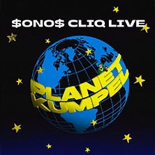 Blauer Planet mit gelbem Schriftzug 'Planet Kumpel', umgeben von Sternen. Oben steht '$ONO$ CLIQ LIVE'. Design f&uuml;r die Tour 2026., &copy; links im Bild