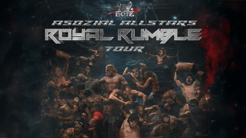 Poster der 102 Boyz für die Asozial Allstars: Royal Rumble Tour. Es zeigt eine Gruppe von Menschen in einem chaotischen Kampf., © links im Bild Poster der 102 Boyz für die Asozial Allstars: Royal Rumble Tour. Es zeigt eine Gruppe von Menschen in einem chaotischen Kampf., © links im Bild