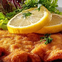 A crispy schnitzel with lemon slices and fresh salad served on a white plate., © KI-generiert A crispy schnitzel with lemon slices and fresh salad served on a white plate., © KI-generiert