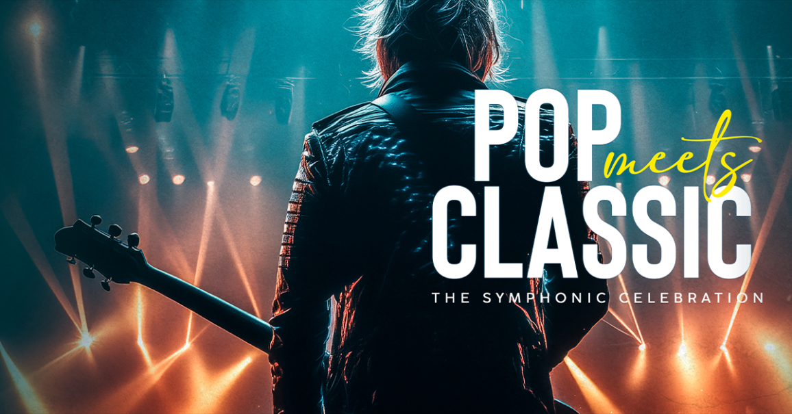 Ein Musiker steht mit einer Gitarre auf einer Bühne, umgeben von bunten Lichtern. Der Text 'POP MEETS CLASSIC - The Symphonic Celebration' ist eingeblendet., © links im Bild Ein Musiker steht mit einer Gitarre auf einer Bühne, umgeben von bunten Lichtern. Der Text 'POP MEETS CLASSIC - The Symphonic Celebration' ist eingeblendet., © links im Bild