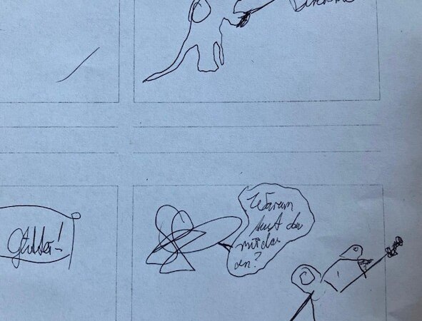 Skizzenhafte Zeichnungen mit Sprechblasen auf einem Blatt. Figuren und Texte wie "Ich mag deine Direktheit!" und "Warum hast du wieder an?" sind zu sehen., © Literaturhaus Stuttgart