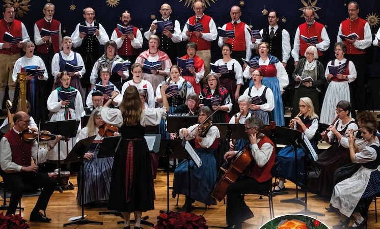 Chor und Orchester in traditioneller Kleidung singen und spielen vor weihnachtlicher Kulisse mit Sternendekoration., © ARGE der Sing-, Tanz- und Spielkreise in Baden-Württemberg e.V.