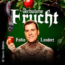 A man with tattoos holds an apple surrounded by leaves and a snake. The text 'The forbidden fruit' and 'Fabio Landert' is visible., &copy; links im Bild