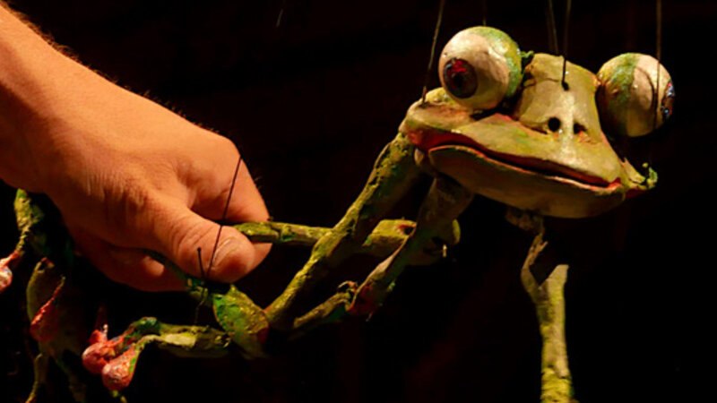 Eine Hand h&auml;lt eine gr&uuml;ne Frosch-Marionette mit gro&szlig;en Augen. Die Marionette hat bewegliche Gliedma&szlig;en und wird vor einem dunklen Hintergrund pr&auml;sentiert., &copy; FITZ Das Theater animierter Formen