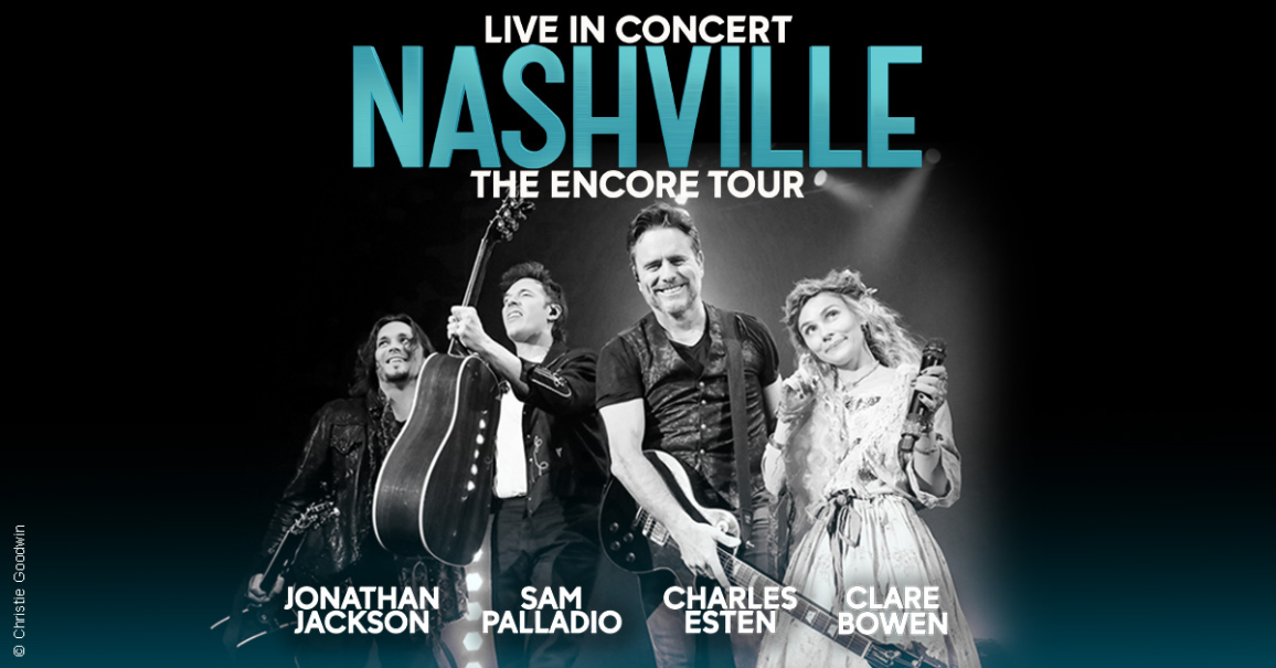Plakat f&uuml;r 'NASHVILLE in Concert - The Encore Tour' mit vier Musikern, die Gitarren halten und l&auml;cheln. Namen der K&uuml;nstler sind unten aufgef&uuml;hrt., &copy; links im Bild