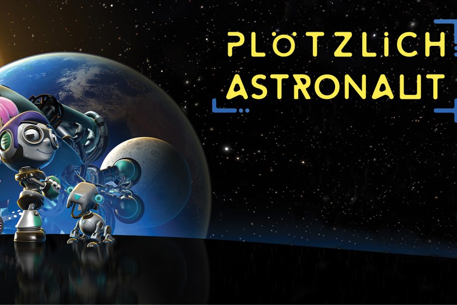 Zwei Roboterfiguren stehen im Weltraum vor Erde und Mond. Der Text 'Plötzlich Astronaut' ist rechts im Bild zu sehen., © Planetarium Stuttgart
